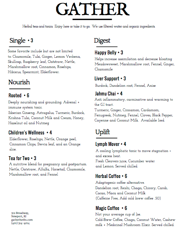 Gather Tea Bar Menu Ocean Song Birth Botanicals Gather Tea Bar Menu Ocean Song Birth Botanicals
